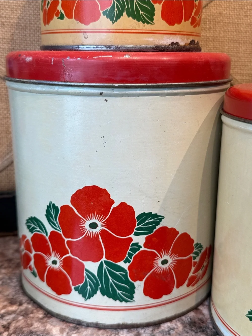 Vintage Decoware Floral Red & Cream Canister Set